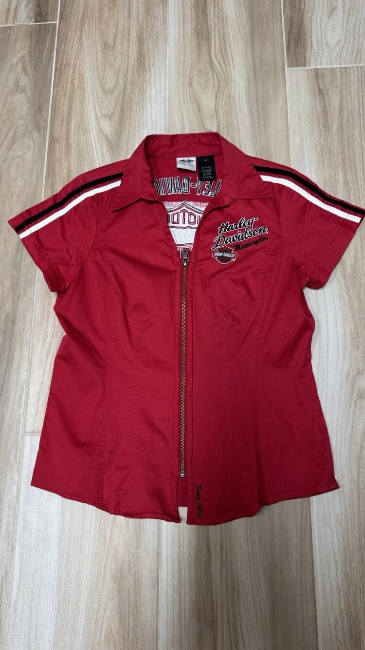 Harley Davidson Women’s Full Zip Short Sleeve Shirt Red Medium
